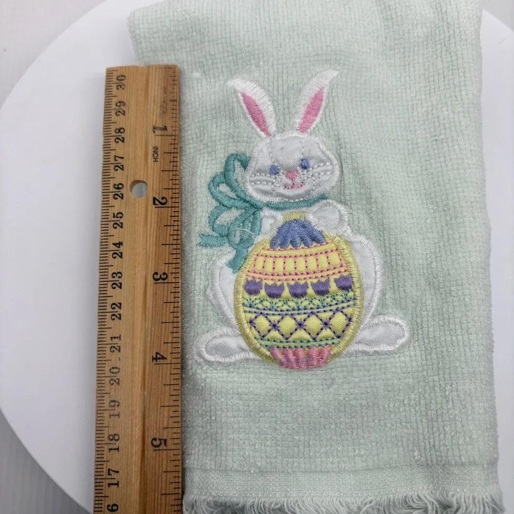 Vtg Easter Bunny Embroidered Hand Towel Light Mint Green Fringed Spring Decor
